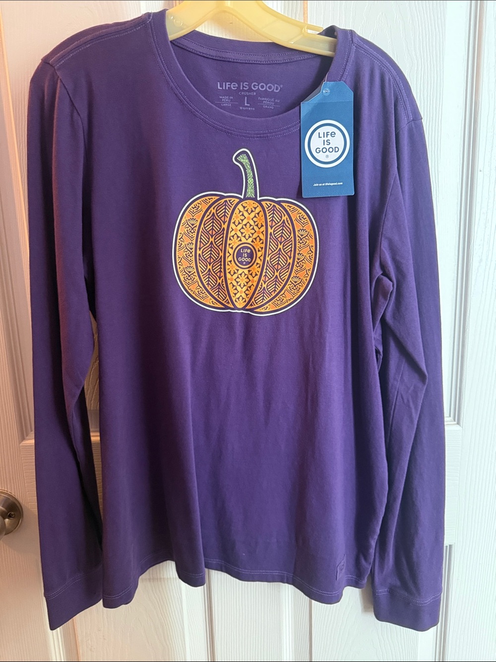 Life Is Good Purple Long Sleeve Tee with Orange Pumpkin Graphic